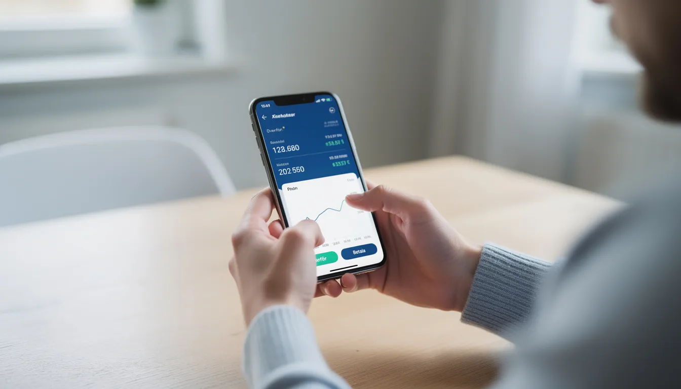 En person sitter på en bänk och använder sin smartphone för att utföra bankärenden, med fokus på skärmen. I bakgrunden syns en park med träd och människor som promenerar.