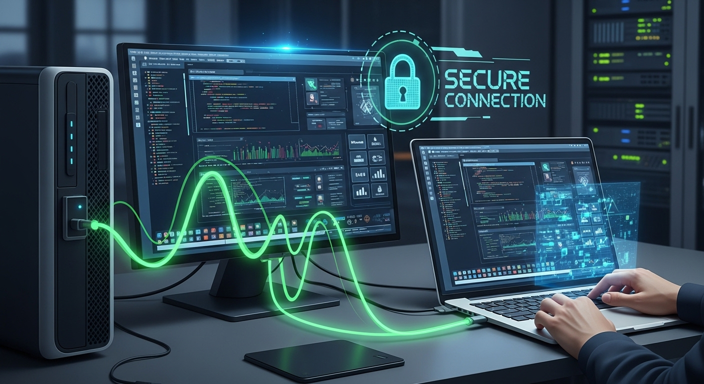 Illustration of encrypted connection streaming desktop display to a laptop with inputs flowing back to the server.