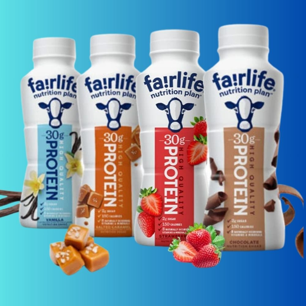 Bottles of Fairlife protein shakes