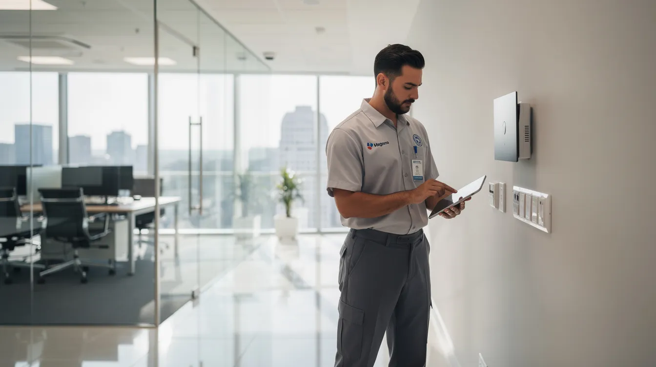 A professional technician in a branded uniform is working diligently inside a modern commercial office building, characterized by large glass windows that allow natural light to fill the space. This scene reflects the essential services provided by business services franchises, highlighting the importance of specialized services in fostering business growth and development.
