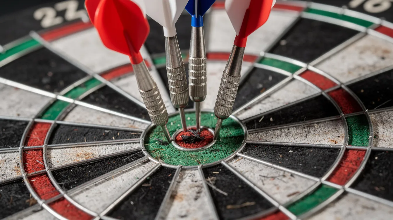 Nahaufnahme einer Dartscheibe mit drei Pfeilen, die perfekt im Triple-20-Feld stecken. Diese Szene zeigt die Präzision und Konzentration, die beim Dartsport erforderlich sind, und könnte für Wettbegeisterte interessante Einblicke in die Strategien und Wett Tipps bieten.