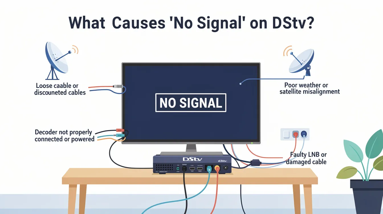 The image depicts a message explaining the common causes of "No Signal" on DStv, highlighting issues such as faulty connections, satellite dish misalignment, and adverse weather conditions affecting signal strength. It emphasizes the importance of checking cable connections and seeking professional assistance for persistent signal problems.