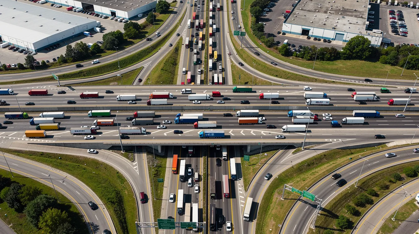An aerial view captures a busy highway interchange filled with commercial trucks and passenger vehicles during the daytime, highlighting the complexity of traffic and the potential for truck accidents. This scene serves as a reminder of the importance of experienced truck accident attorneys who can assist accident victims in navigating personal injury claims and recovering compensation for medical expenses and serious injuries.