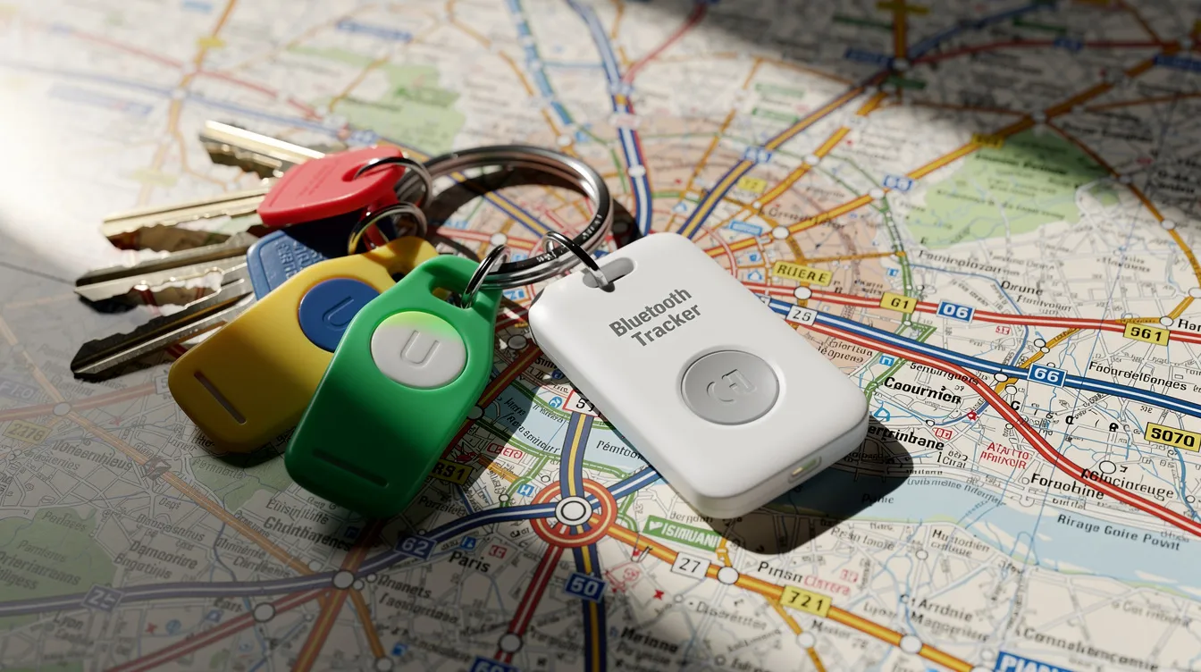 Un porte-clés coloré avec un tracker Bluetooth est posé sur une carte routière, symbolisant une solution pratique pour éviter la perte des clés de voiture lors de vos déplacements. Cette image évoque également l'importance de la sécurité et de l'assurance auto pour les conducteurs.