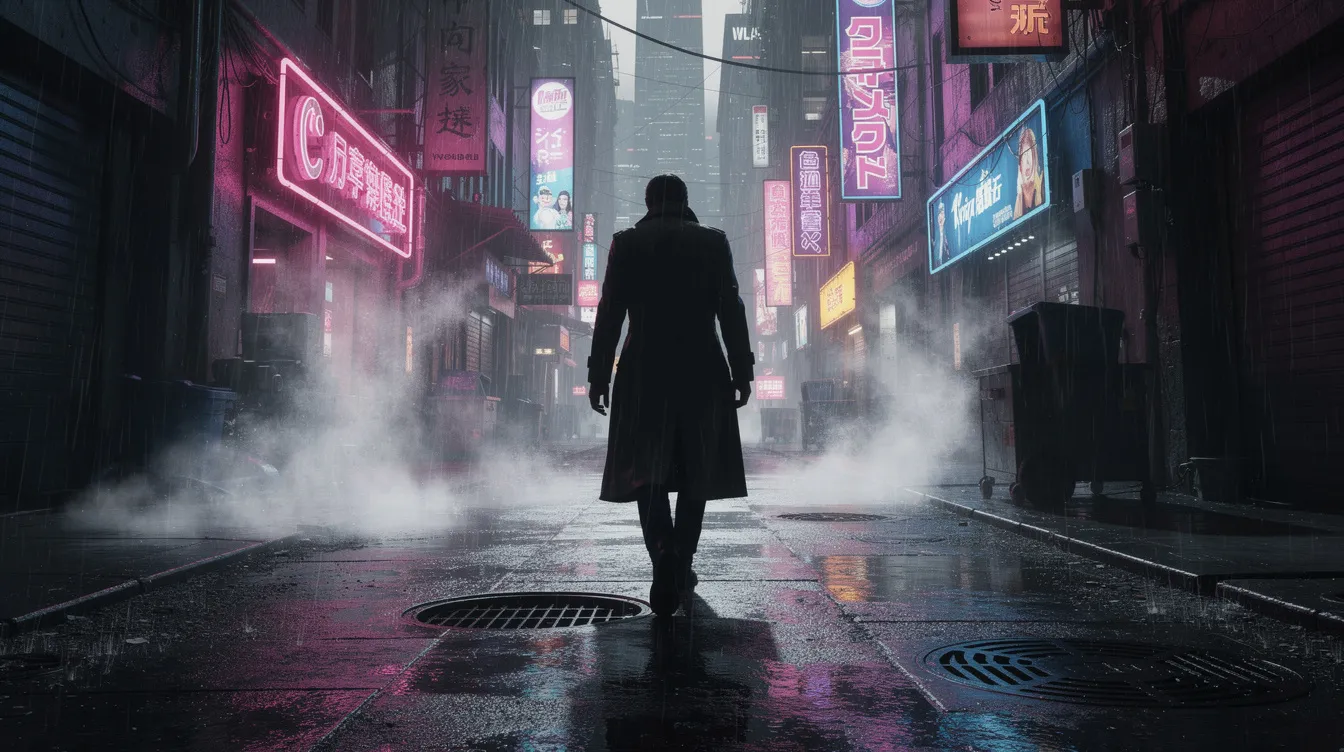 Die Silhouette einer Person im Trenchcoat schreitet durch eine enge, neonbeleuchtete Gasse, während Dampf und Regen in der Luft liegen, was an die düstere Atmosphäre von Ridley Scotts "Blade Runner" erinnert. Die Szene vermittelt ein Gefühl von Spannung und Science-Fiction, das typisch für das Genre ist.