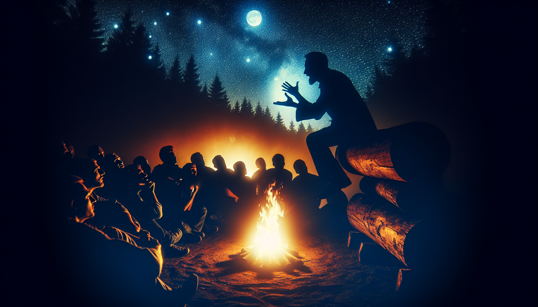 Incorporating Storytelling Techniques: A storytelling scene with a silhouette of a person narrating a story to a captivated audience around a campfire.