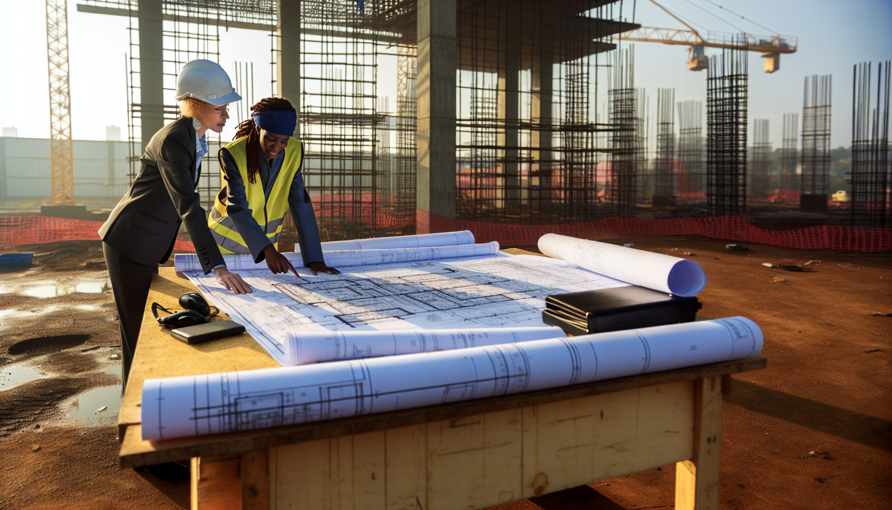 Construction manager and general contractor reviewing project blueprints