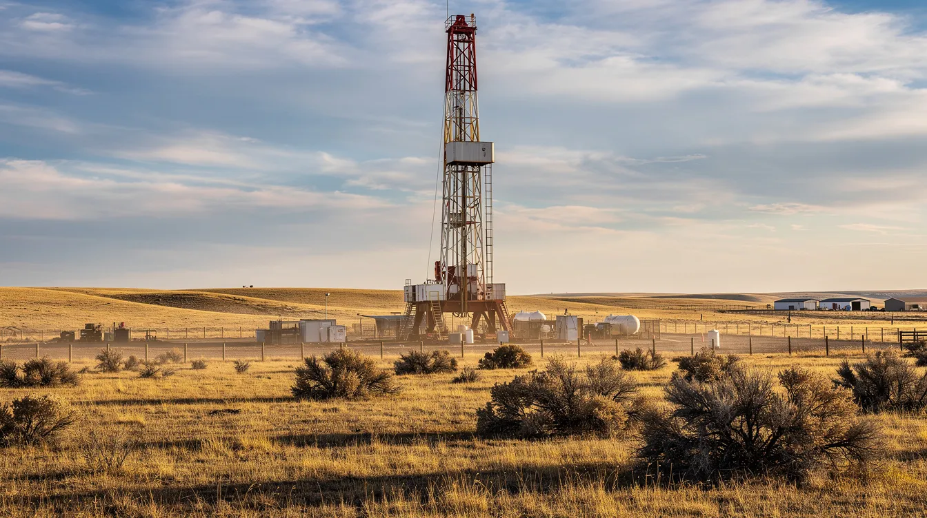 The image shows a large oil and gas drilling rig prominently positioned in expansive ranchland, beneath a vast, open sky. This scene reflects the oil and gas industry’s operations, highlighting the drilling activities that are essential for obtaining geological information and exploring resources in the area.