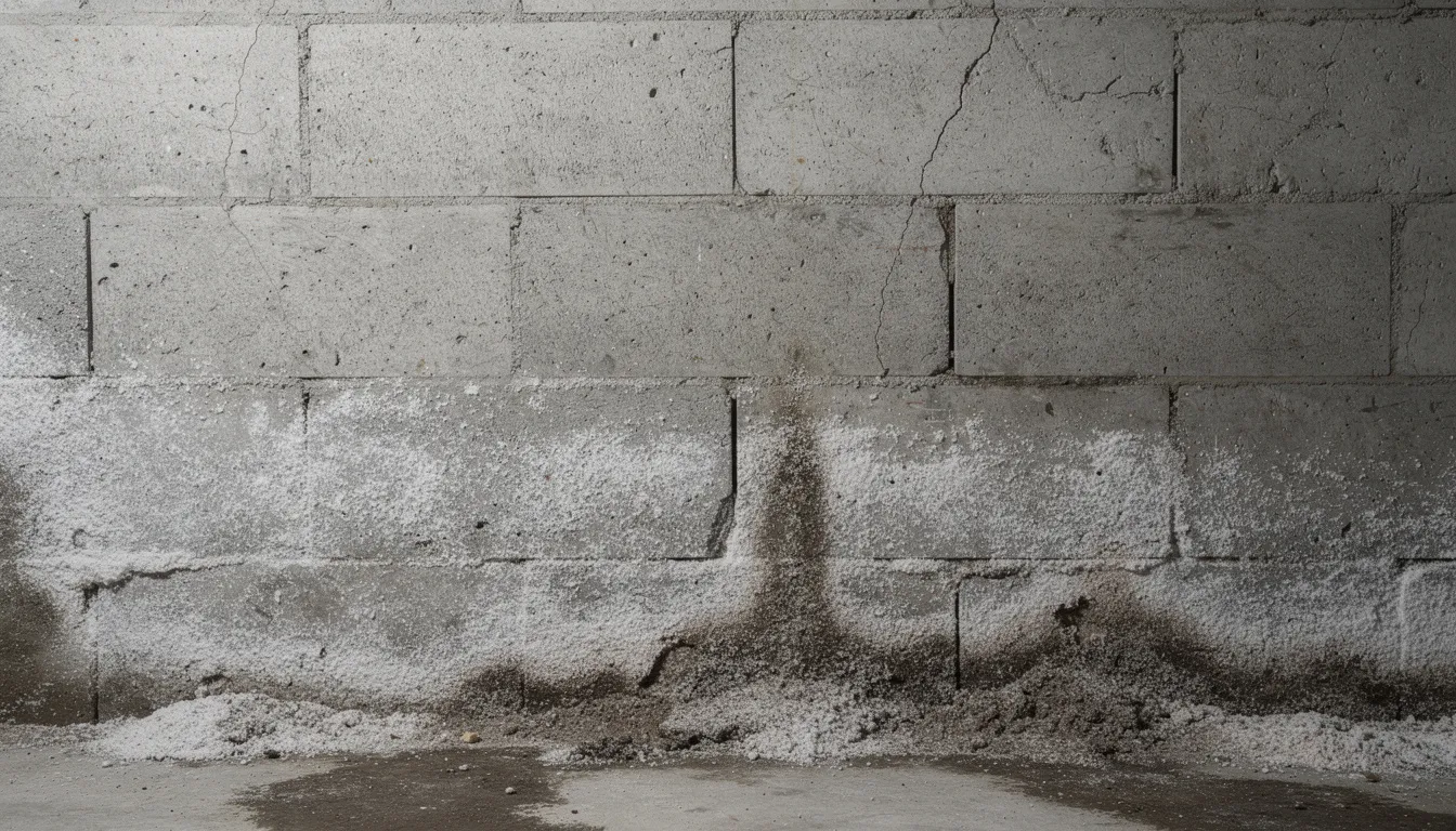 The image depicts a concrete basement wall stained with white salt deposits, indicative of moisture issues and efflorescence. To effectively remove efflorescence, one may consider using a cleaning solution such as diluted vinegar or muriatic acid, along with tools like a wire brush to clean the surface.