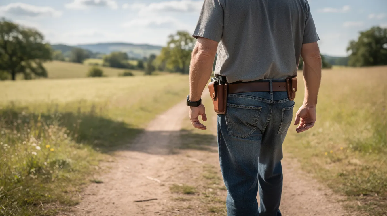 A person is walking outdoors in a rural area, visibly wearing a holster on their belt, which suggests they may be carrying a concealed firearm in accordance with state law. This image highlights the importance of gun safety and awareness in regions like West Virginia, where gun laws can vary significantly.