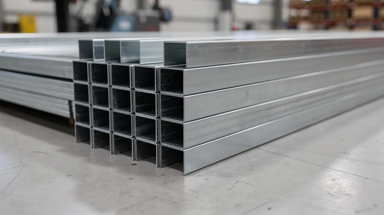 The image shows stacked cold formed C-channel steel sections on a factory floor, highlighting the distinct characteristics of cold formed steel compared to hot rolled steel. These structural components are arranged neatly, showcasing their precise dimensions and surface finish, essential for various construction projects and manufacturing applications.