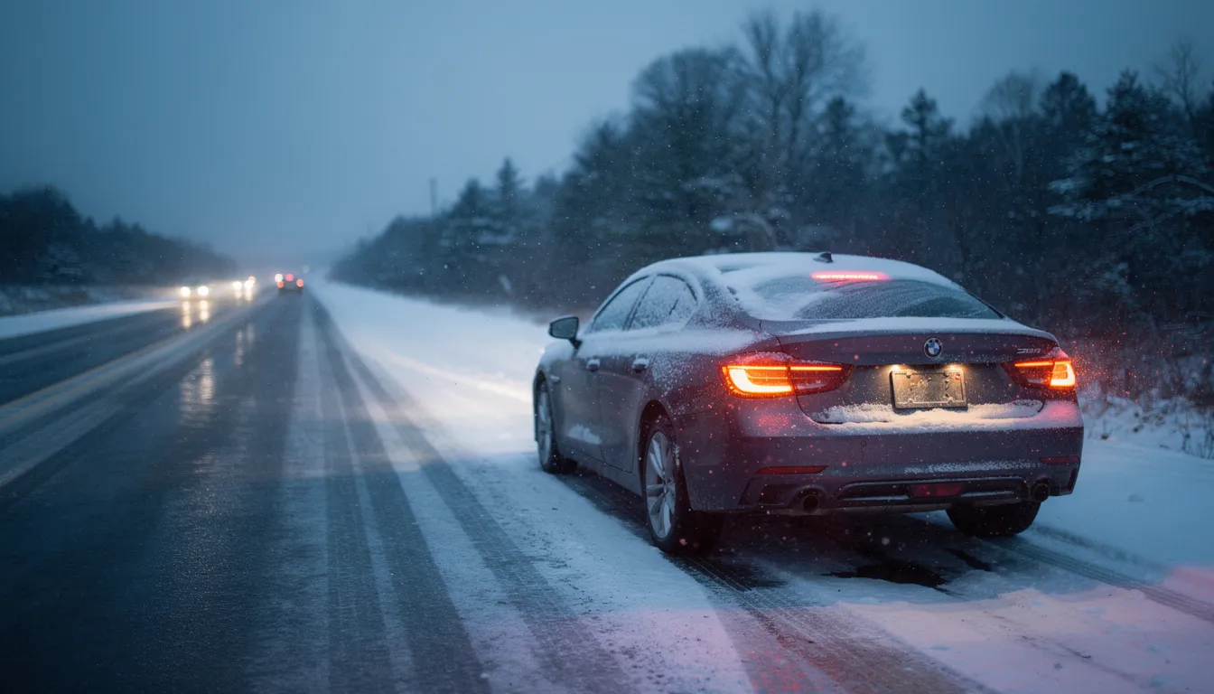 A car with its hazard lights on is pulled to the side of the road, surrounded by falling snow, indicating a potential minor fender bender or winter accident. The icy road conditions and poor visibility highlight the need for winter tires and careful driving during the winter season.