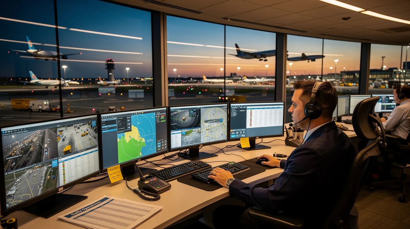 An airport operations controller is actively monitoring aircraft activity and coordinating ground staff teams in real-time, utilizing aviation workforce management software to ensure efficient handling of operations and compliance with regulations. The scene captures the complexity of airport management, highlighting the critical role of planning and resource allocation to meet the demands of the aviation industry.