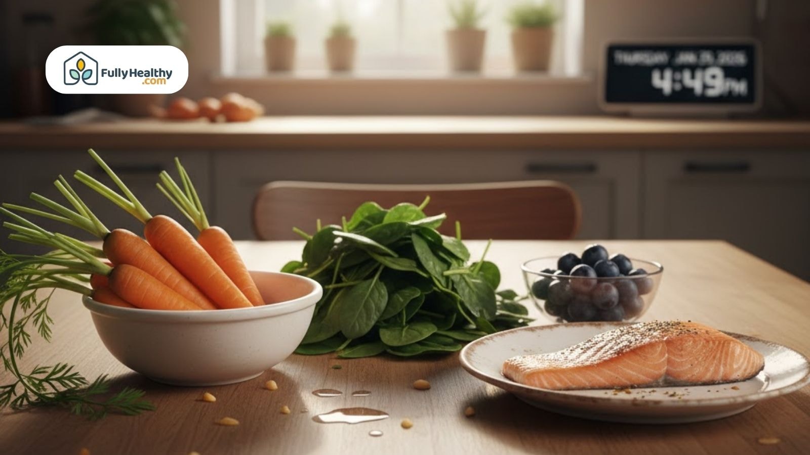 Carrots, leafy greens, blueberries, and salmon on a table.
