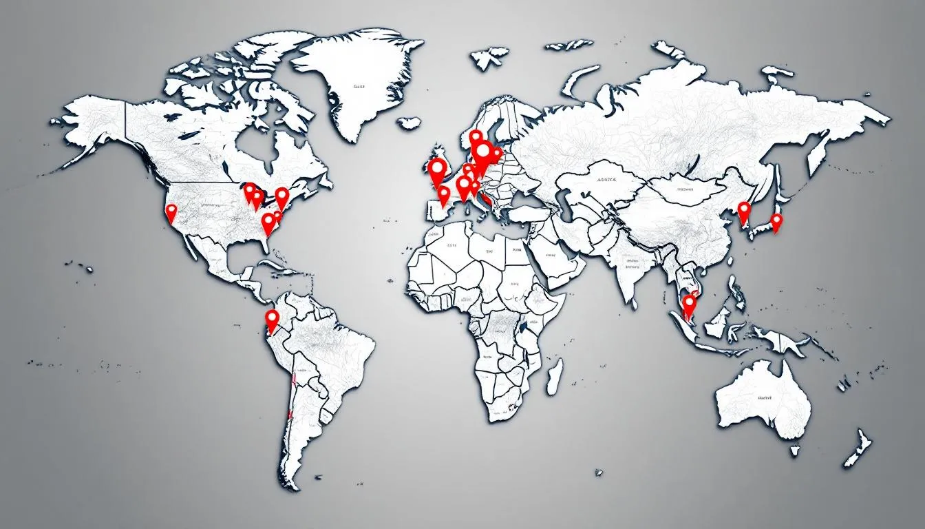 Imagem de um mapa-múndi com diversos pontos de destino destacados, representando locais de viagem ao redor do mundo. Os marcadores indicam destinos populares, facilitando a escolha de roteiros para viajantes que buscam experiências únicas em diferentes países.