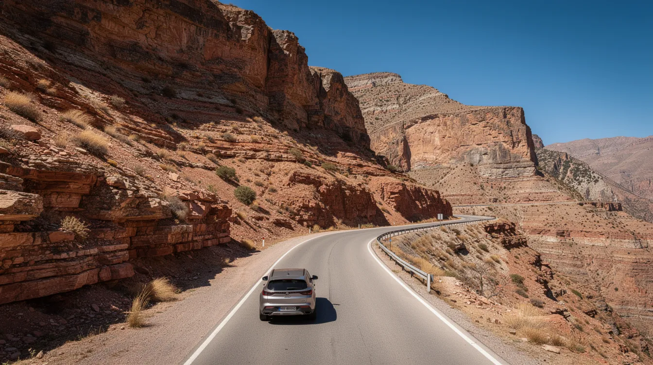 A car drives along a wide paved road in the Atlas Mountains, surrounded by dramatic cliffs under a clear blue sky, showcasing the beauty of a Morocco road trip. The scene captures the essence of adventure, with the majestic mountains providing a stunning backdrop for travelers exploring the region.