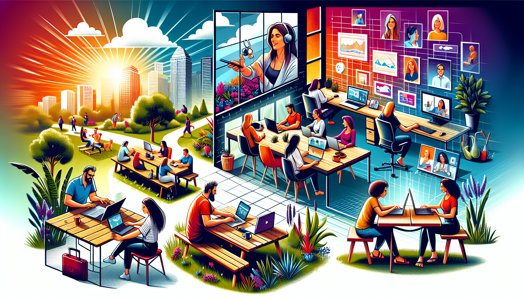 Illustration of employees with flexible work arrangements in a productive environment