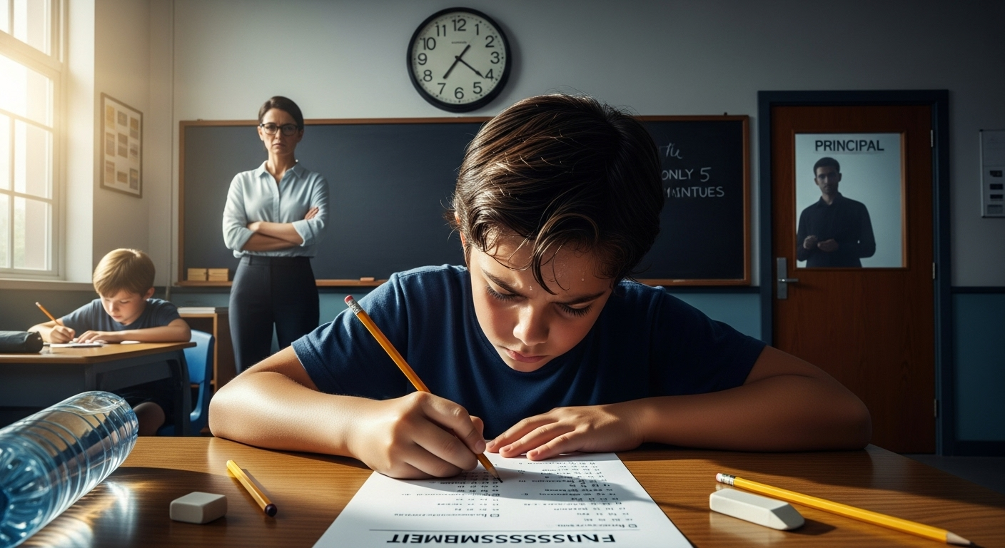 Classroom assessment scene highlighting pressure, time limits, and external performance factors.