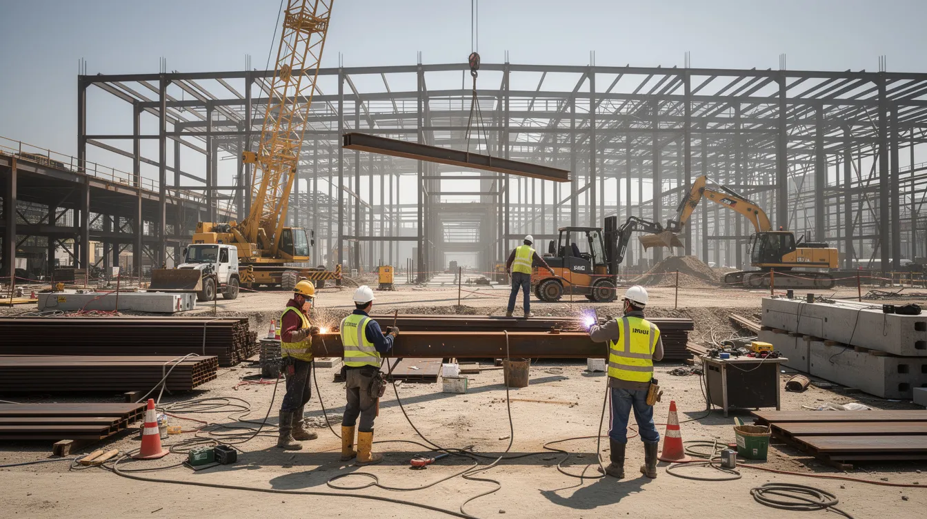 a3e19238 2f36 4943 a90a 2b1ba94b4cae The image depicts a large industrial factory under construction, showcasing steel structures being erected with visible workers and heavy machinery on site. This facility may be part of an ethanol plant project, potentially contributing to sustainable practices and renewable energy initiatives in the ethanol production sector.