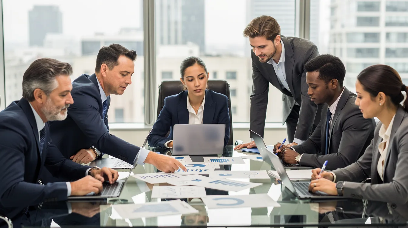 A diverse business team is gathered around a conference table, collaboratively reviewing documents related to venture capital and emerging growth companies. Their focus on strategic planning highlights the importance of legal guidance and risk management in financing transactions for startup companies.