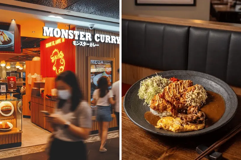 A split photo showing the bright red and wood-paneled storefront of Monster Curry in a Singapore mall on the left, and a massive, dark plate of their signature katsu, omelet, and beef curry topped with zigzagged mayonnaise on the right.