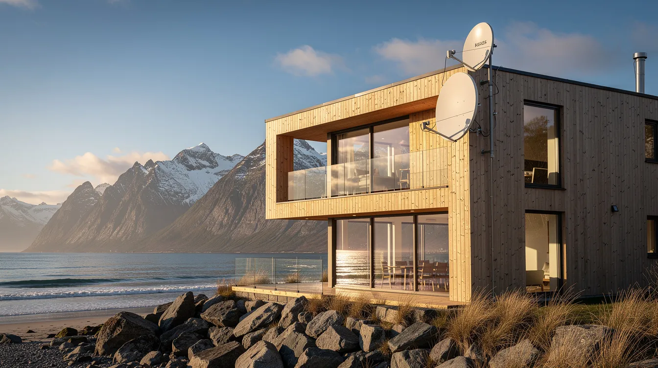 A satellite dish is securely mounted on the roof of a coastal home, with stunning mountains in the background, showcasing a picturesque setting in Betty's Bay. This image highlights the importance of professional DSTV installation services for optimal signal reception and uninterrupted viewing.