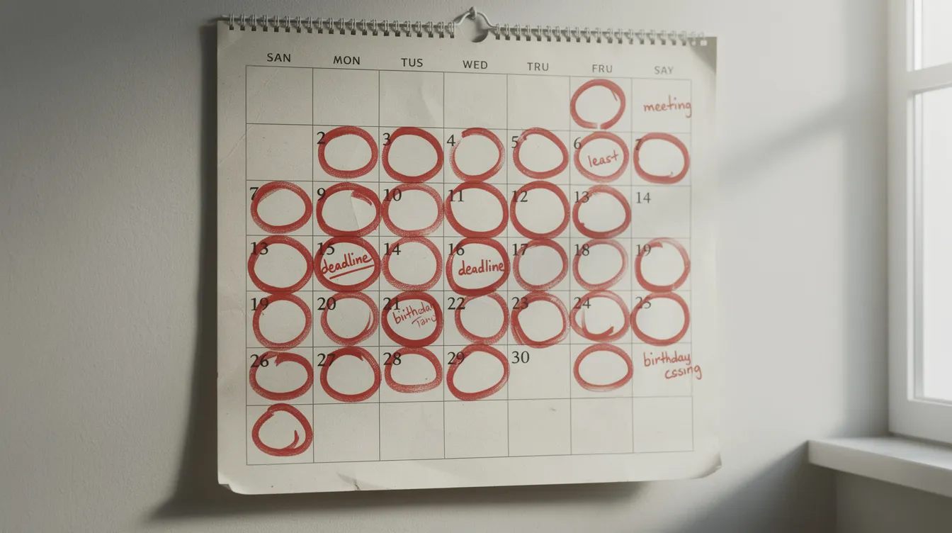 The image shows a wall calendar with several days circled in red marker, indicating important dates that may relate to drug tests or personal reminders. This could suggest a focus on potential workplace drug testing or the monitoring of CBD use and its impact on positive drug test results.