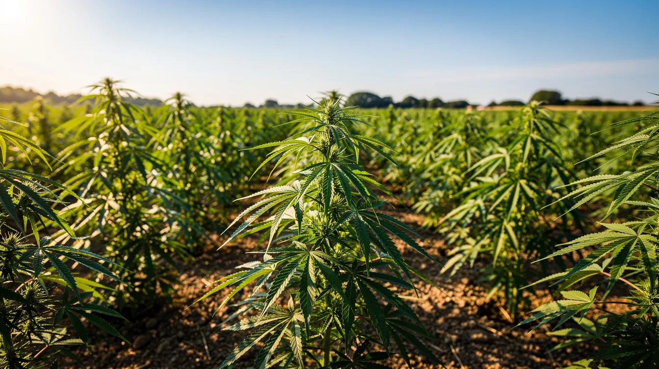 The image shows vibrant green hemp plants thriving in a sunny agricultural field, highlighting the cultivation of hemp for various uses, including hemp-derived products like CBD and delta 8 THC. This scene reflects the growing interest in cannabis plants under Washington state law, where both medical and recreational cannabis are regulated.