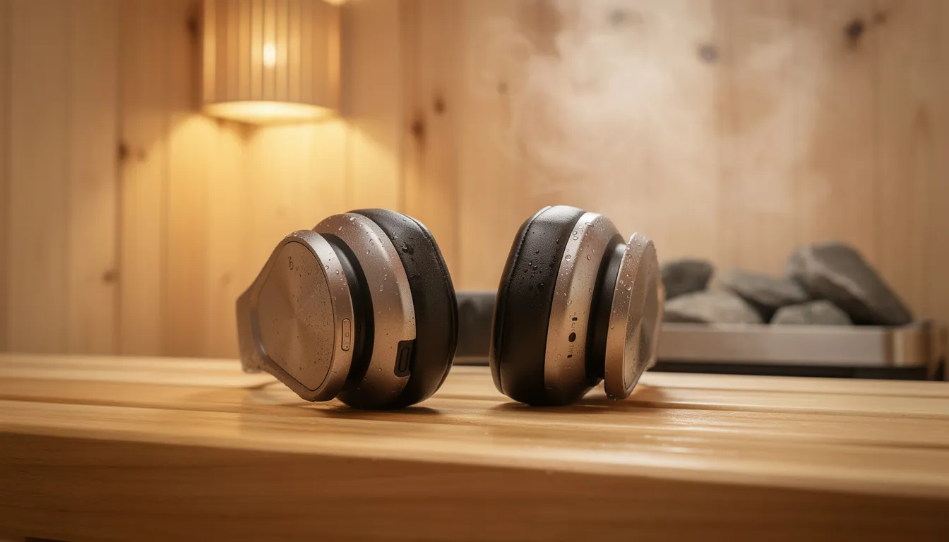 The image features a pair of wireless headphones resting on a wooden bench inside an outdoor sauna, surrounded by the warm ambiance of redwood and proper ventilation. This scene captures the essence of relaxation and wellness, highlighting the integration of modern technology into traditional sauna sessions for an enhanced recovery experience.