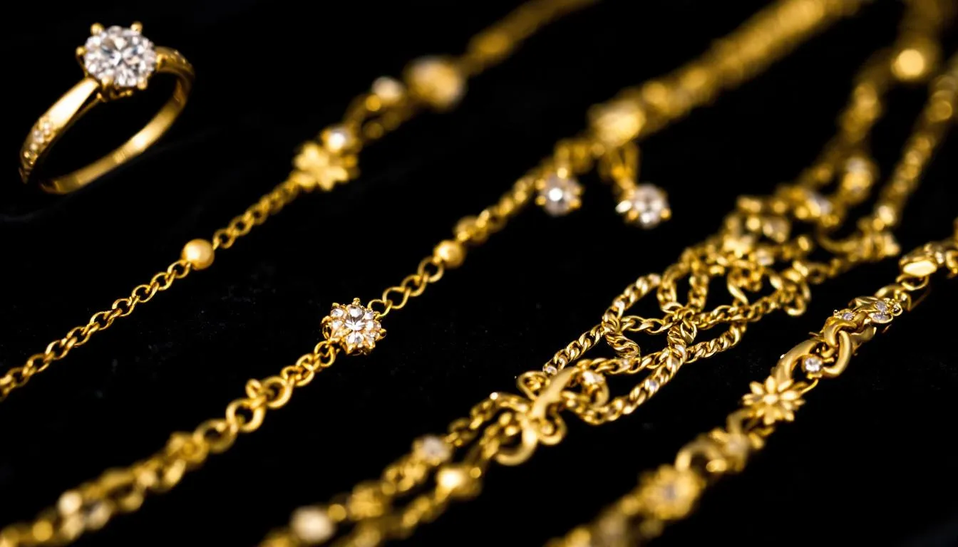 In the image, a variety of exquisite gold jewellery pieces are displayed, including elegant engagement rings, stylish earrings, and luxurious necklaces, showcasing the diverse collection available for different occasions. The items are arranged attractively, inviting viewers to explore the beauty and craftsmanship of these golden treasures.