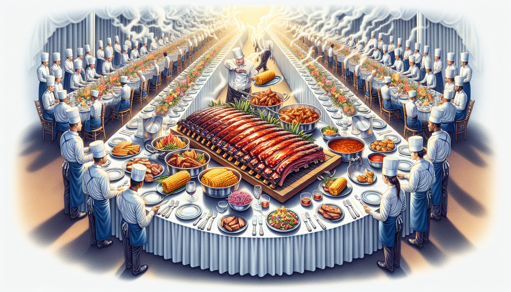 Illustration of a beautifully set BBQ catering table with various dishes and utensils