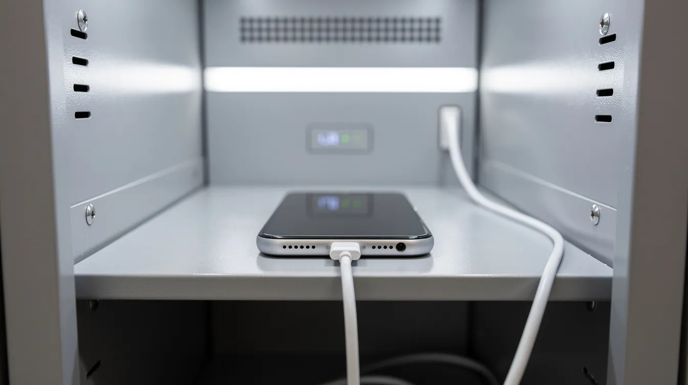 A close-up image of a smartphone resting inside a smart locker compartment, with a charging cable connected, showcasing the convenience of smart lock features for securing and charging smart devices. This highlights the integration of technology in access control systems for both personal and commercial spaces.