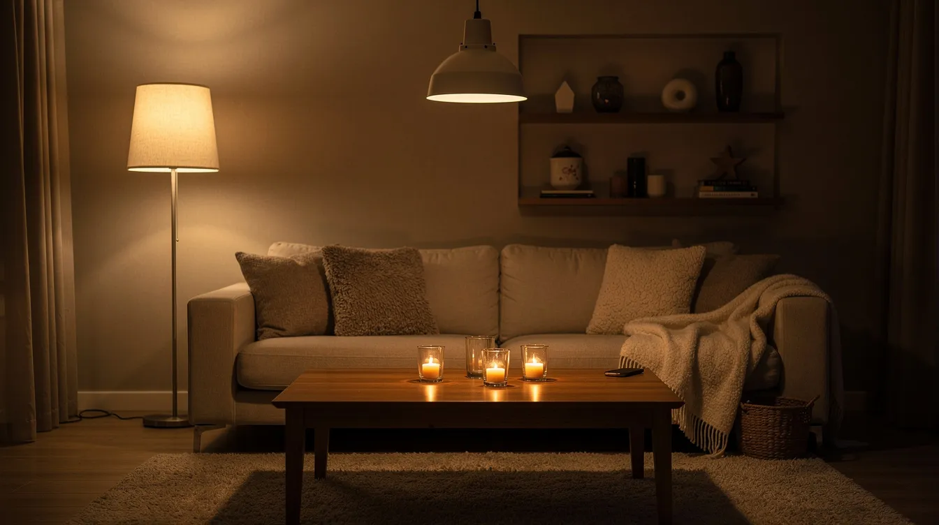 Een gezellige woonkamer met verschillende soorten verlichting, waaronder een vloerlamp en een hanglamp, die op verschillende hoogtes zijn geplaatst. Op de tafel branden kaarsen, wat zorgt voor een warme en uitnodigende sfeer.