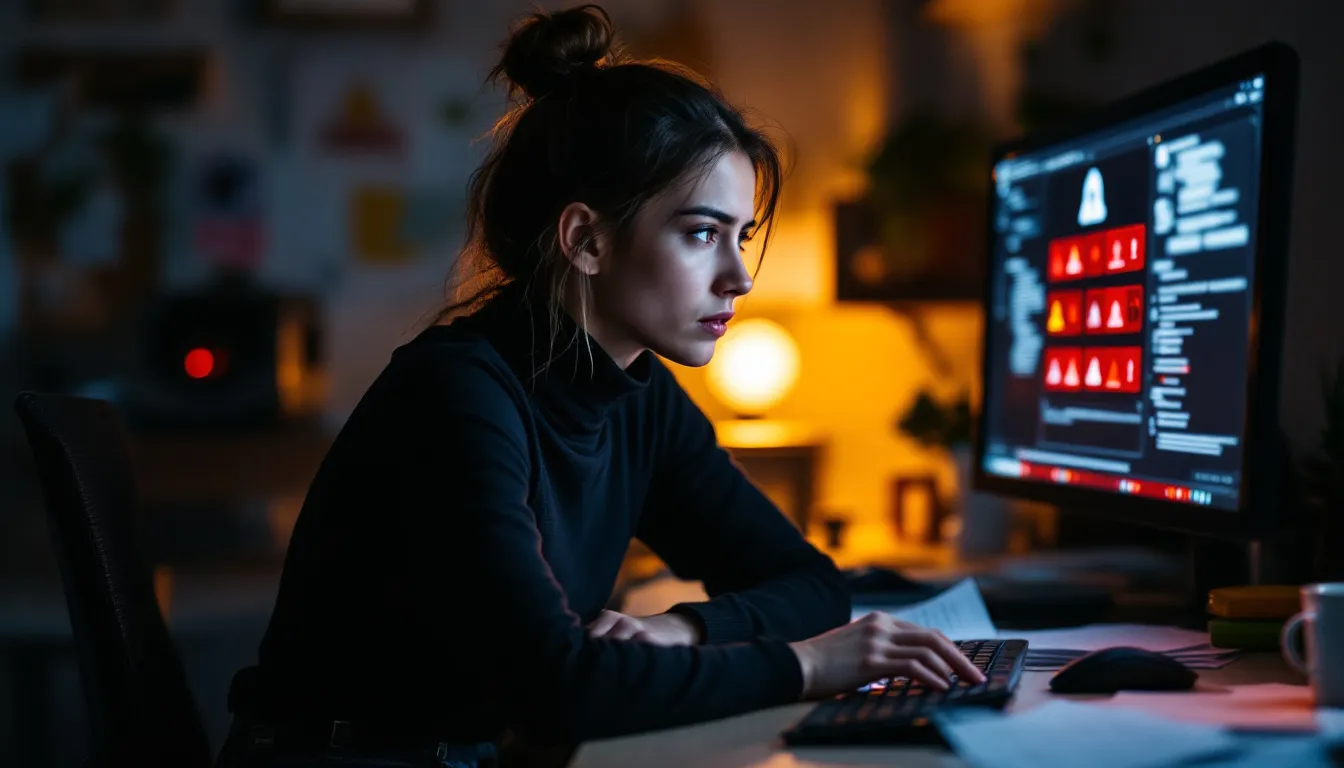 Fraud in the Netherlands: Complete Guide to Recognising and Preventing Fraud 1 Een persoon kijkt bezorgd naar een computerscherm met waarschuwingssymbolen, wat duidt op mogelijke online oplichting of fraude. De uitdrukking op hun gezicht suggereert dat ze zich bewust zijn van de risico's van misleiding en identiteitsfraude.