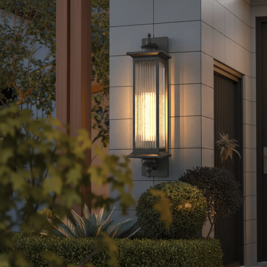 Tall outdoor wall lantern with vertical glass panels mounted on an exterior facade, providing warm architectural lighting.
