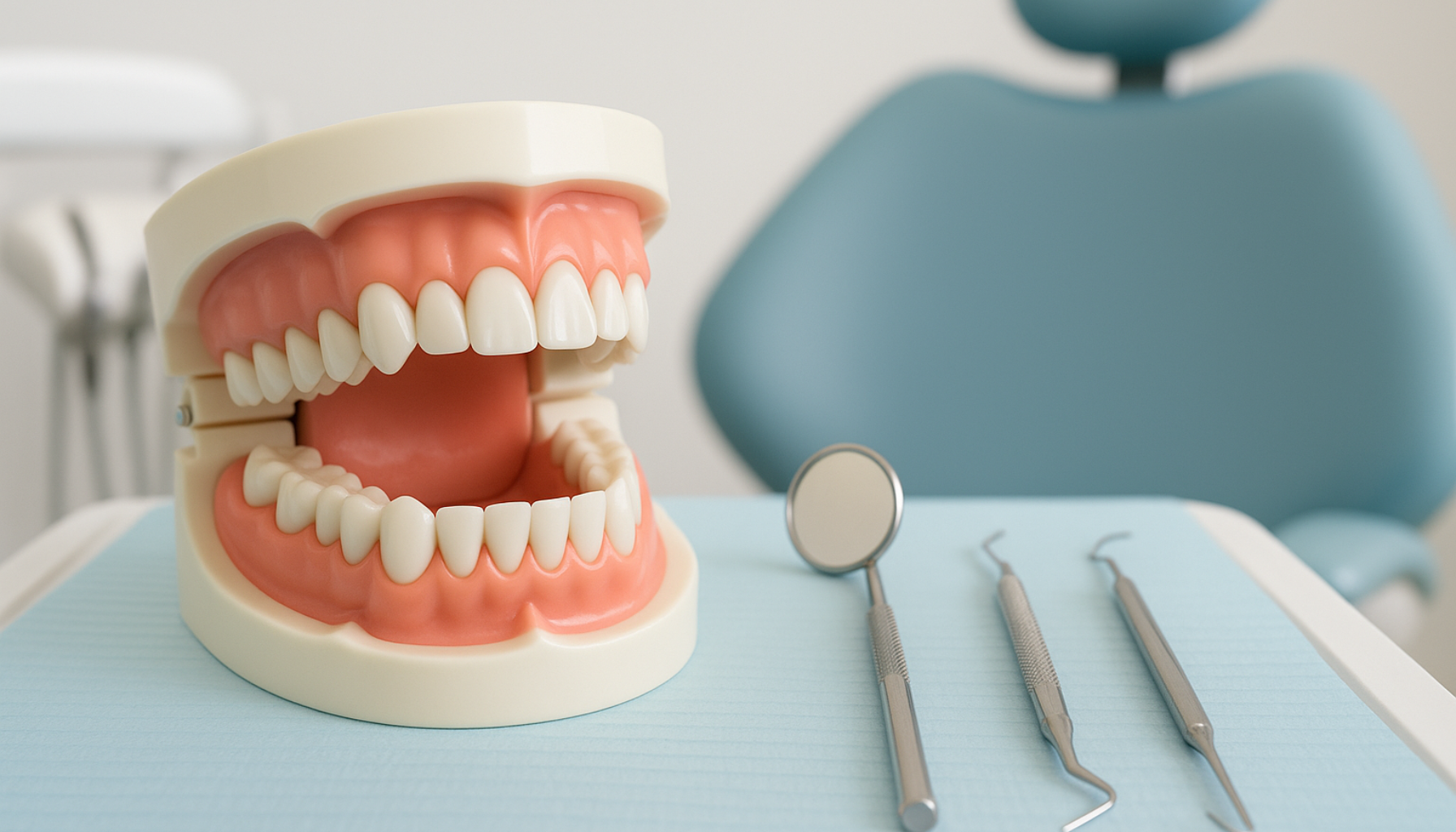 Visdomstann infeksjon – Symptomer, behandling og forebygging 17 Modell av tenner og tannlegeverktøy på bord i moderne tannklinikk som illustrerer ulike behandlingsalternativer."