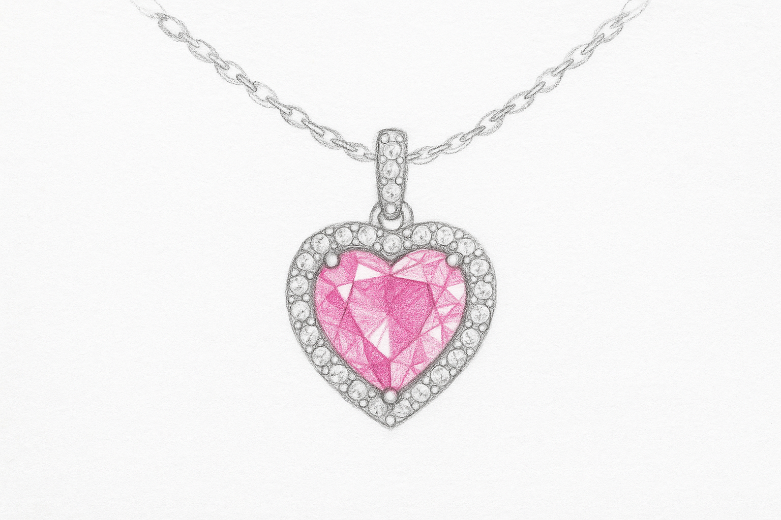 Eskiis – südamekujulise roosa turmaliini ja teemant-haloga ripats ketil