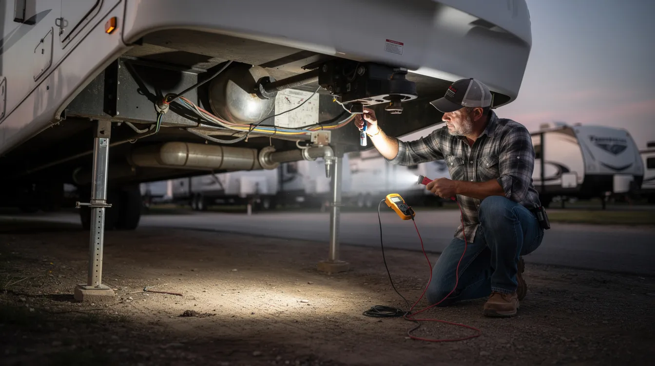 An RV owner is crouched down inspecting the underside of a fifth wheel trailer using a flashlight and multimeter, focusing on the electrical systems for any potential issues. This scene highlights the importance of routine maintenance and troubleshooting in mobile RV repair services.