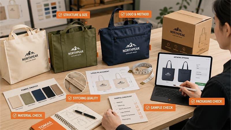 School tote bag production check with material swatches, stitching review, logo placement, sample approval, and packaging check.