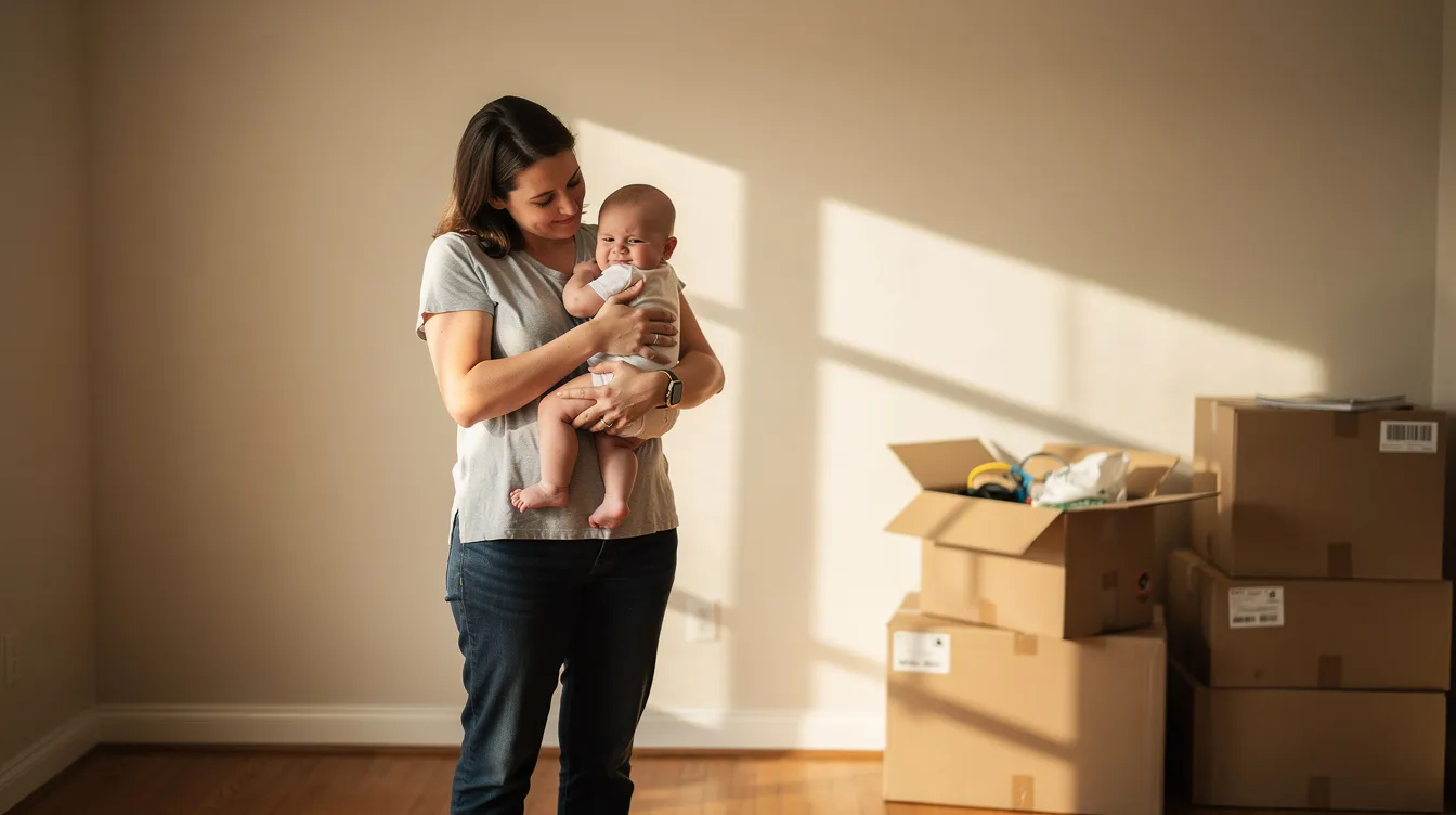 A parent gently cradles a calm baby in an empty room, with moving boxes stacked nearby, symbolizing the transition to a new home. This scene reflects the emotional aspects of moving house, highlighting the need for stress mitigating techniques to support both the parents and the baby during this potentially stressful time.