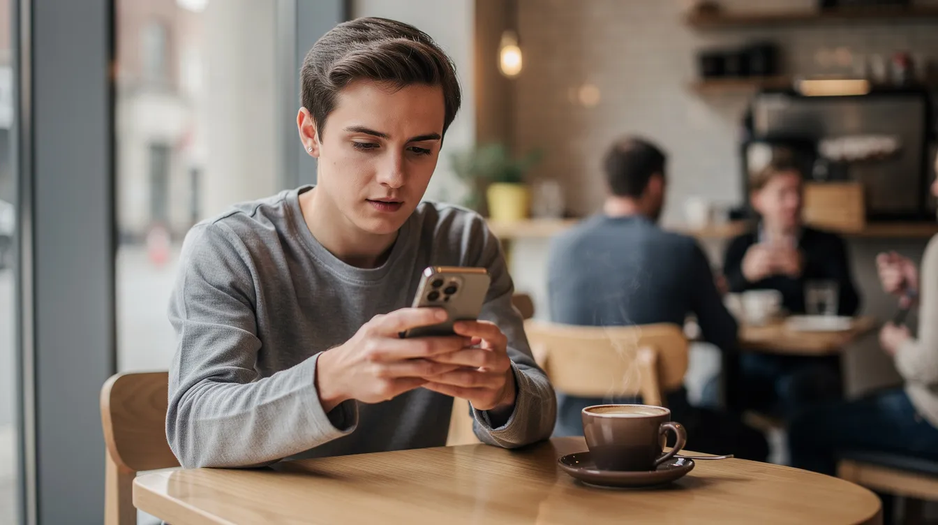 A person is sitting in a cafe, using a smartphone to manage their bank account while a coffee cup sits nearby. This scene reflects the convenience of online banking and money transfer services, allowing users to send money internationally or manage their funds easily.