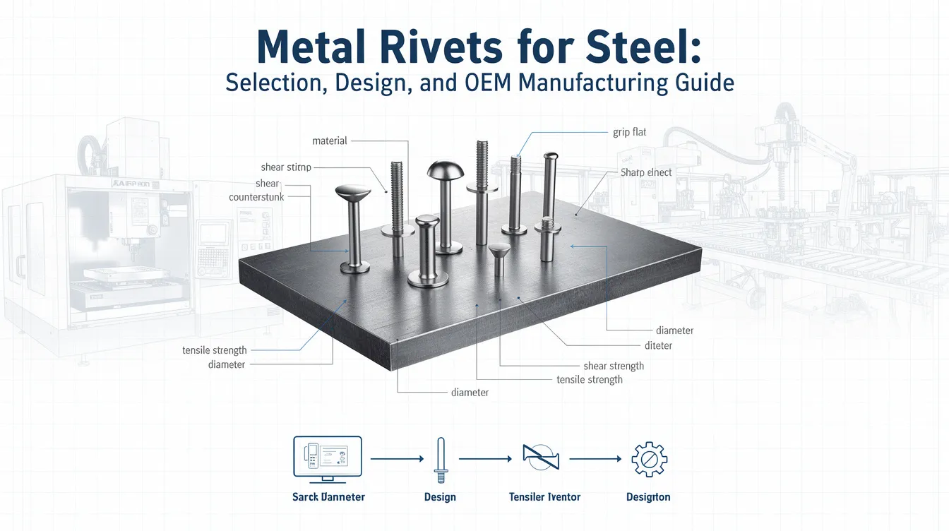 The image features a detailed guide on metal rivets for steel, showcasing various types such as blind rivets and pop rivets, designed for applications in automotive and construction projects. It includes information on installation methods, materials, and aesthetics, emphasizing the importance of selecting the perfect fasteners for pre-drilled holes.