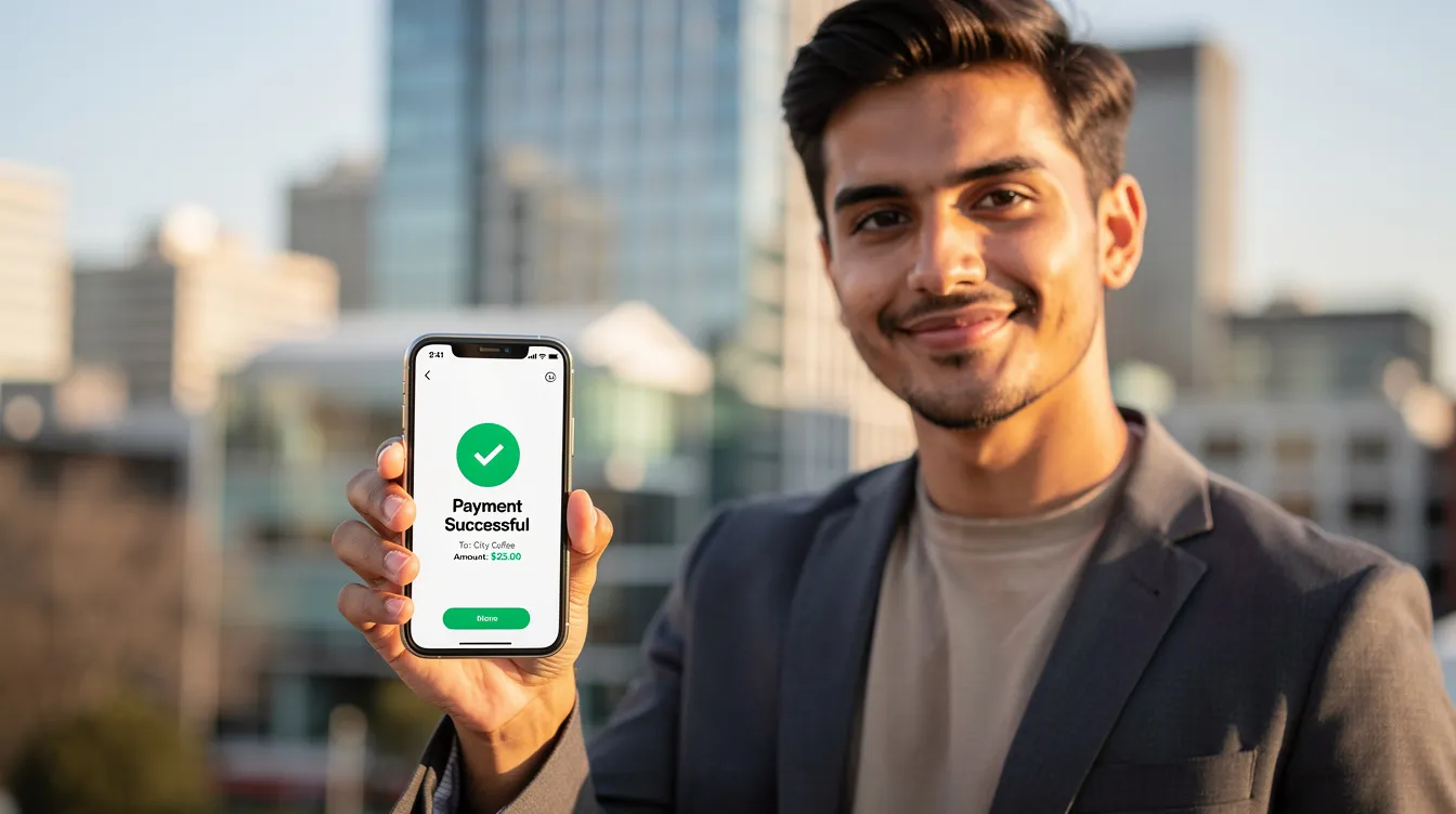 A young professional stands in front of a city skyline, holding a smartphone that displays a payment confirmation screen, symbolizing the ease of digital payments and mobile money transactions. This image highlights the growing importance of digital wallets and secure transactions in today's financial landscape.