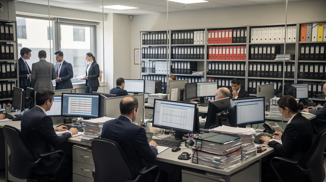 a3ff85c5 04be 4310 9db6 c76138be58bc The image depicts a busy bank office interior, filled with employees diligently working at their desks surrounded by stacks of files. This bustling environment reflects the operations of a financial institution, likely involved in processing loan applications, including those for mudra loans aimed at supporting small finance banks and micro enterprises.