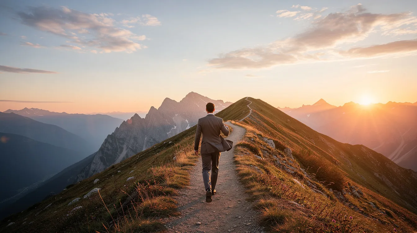 Un dirigeant marche sur un sentier de montagne au lever du soleil, illustrant la persévérance et la ténacité nécessaires pour atteindre ses objectifs dans le monde des affaires. Cette image symbolise le parcours d'un entrepreneur face aux défis et à la croissance personnelle.