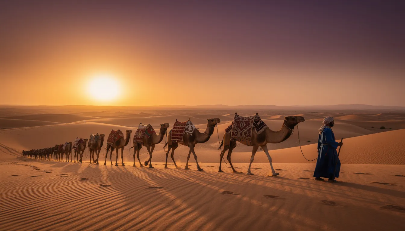 A camel caravan traverses the golden sand dunes of the Moroccan Sahara desert at sunset, creating a serene scene of cultural richness and adventure. This picturesque journey is perfect for Muslim travellers seeking unique experiences in breathtaking destinations.