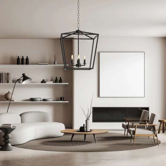Farmhouse-inspired modern living room featuring a black geometric farmhouse chandelier, neutral furniture, open shelving, and a cozy minimalist aesthetic.