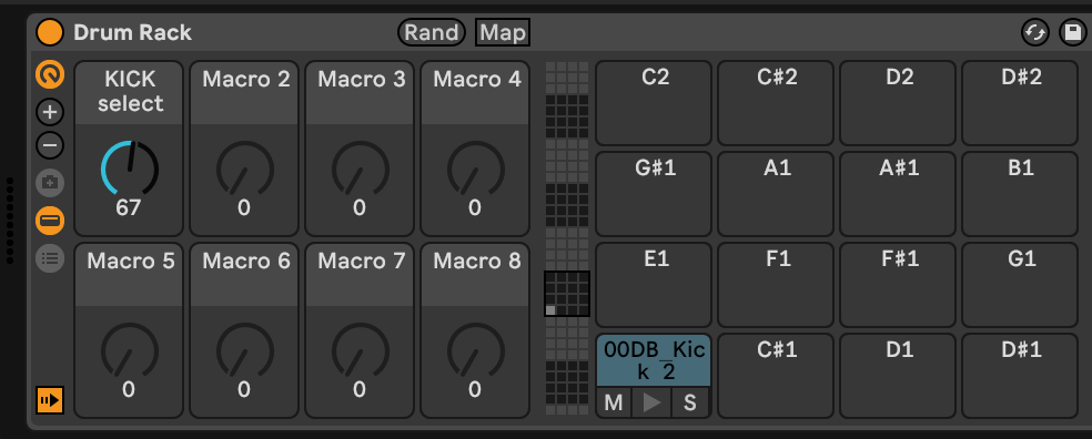 Ableton Live drum rack with sample selector macro