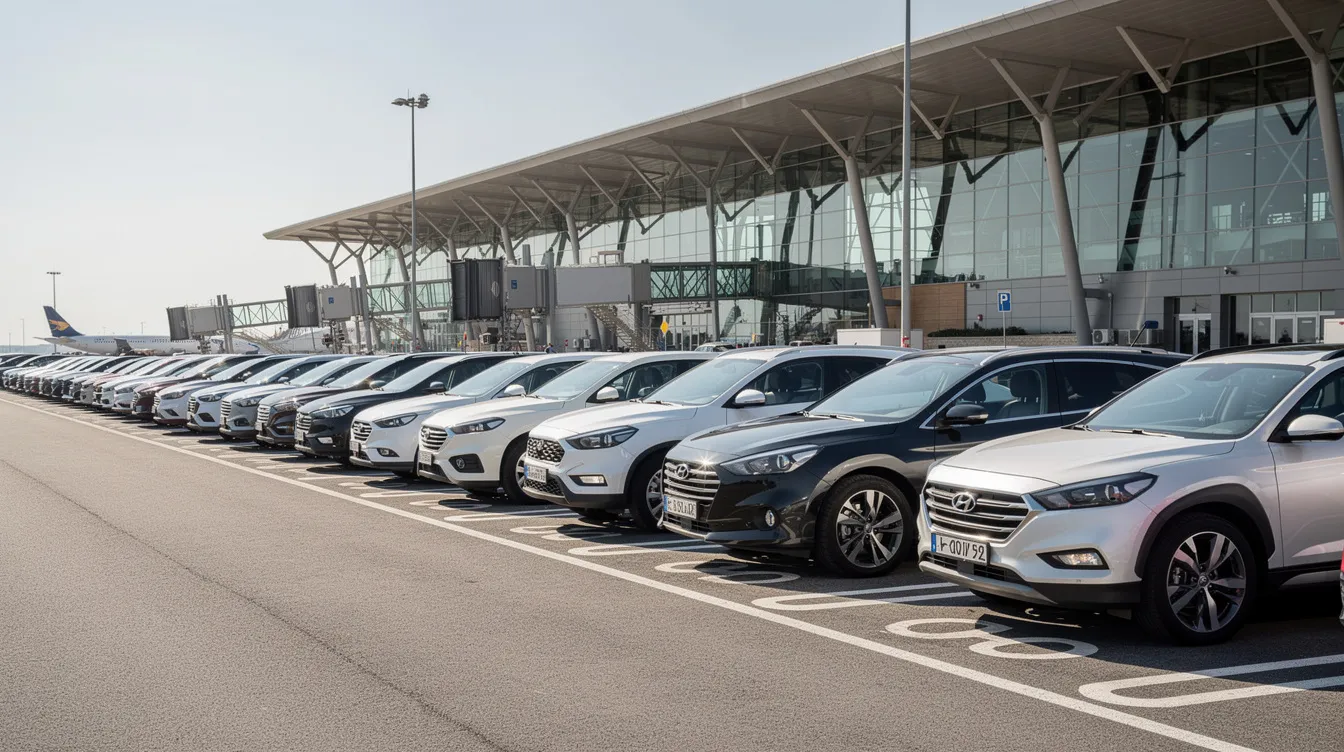 Des voitures de location sont alignées sur un parking d'aéroport, avec un bâtiment de terminal visible en arrière-plan. Cette scène évoque les options de location de voitures à Nador, offrant une variété de véhicules pour les voyageurs.