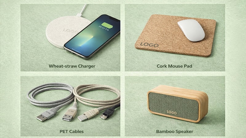 Eco-friendly tech giveaways including a wheat-straw wireless charger, cork mouse pad, recycled PET cables, and a bamboo Bluetooth speaker.